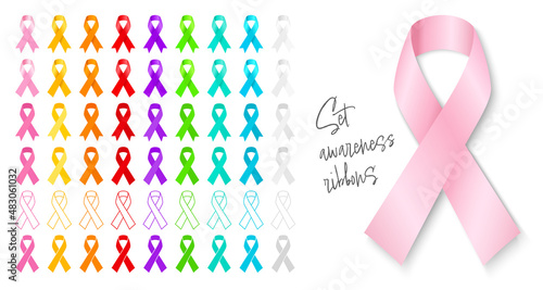 Big set awareness ribbon. Pink ribbon with shadow Symbol of breast cancer awareness month in october. Template for poster.