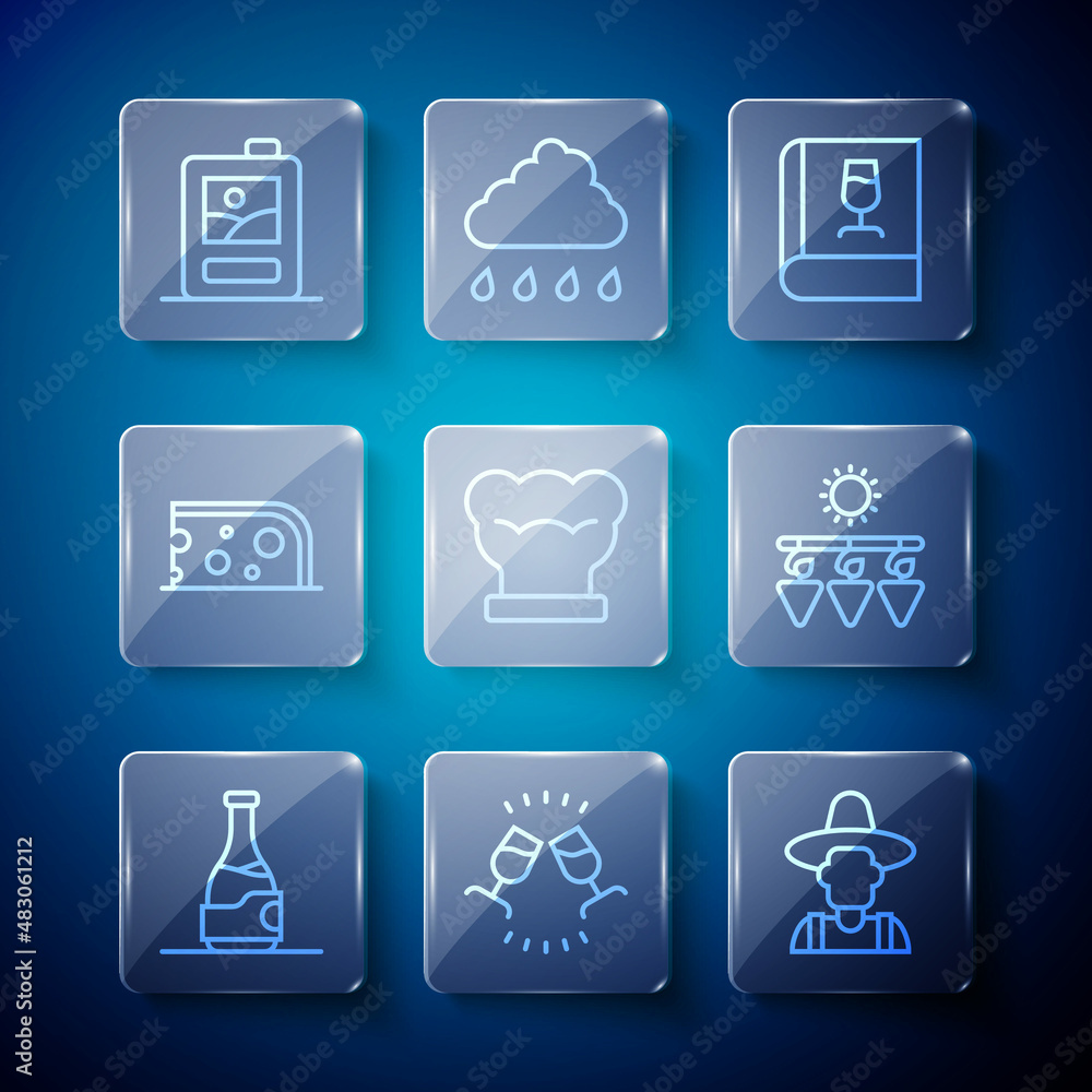 Set line Bottle of wine, Wine tasting, degustation, Farmer the hat, Book about, Chef, Cheese, Cardboard box and Drying grapes icon. Vector Set line Bottle of wine, Wine tasting, degustation, Farmer the hat, Book about, Chef, Cheese, Cardboard box and Drying grapes icon. Vector
