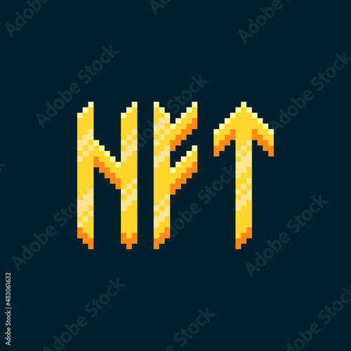 colorful simple flat pixel art sign of cartoon golden scandinavian runes NFT with overflow