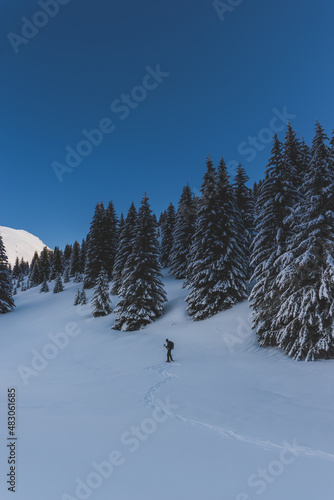 An unrecognizable male hiker wearing snowshoes walking in a forest in the French Alps on a cold winter day (L'Enclus, Devoluy, Hautes-Alpes)