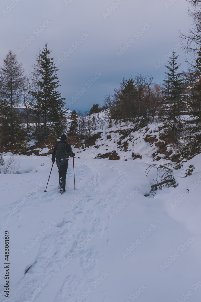 An unrecognizable male hiker wearing snowshoes walking in a forest in the French Alps on a cold winter evening (L'Enclus, Devoluy, Hautes-Alpes)
