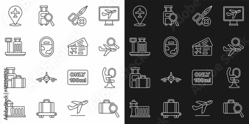 Set line Lost baggage, Airplane seat, search, No scissors, window, Scale with suitcase, Plane and Airline ticket icon. Vector