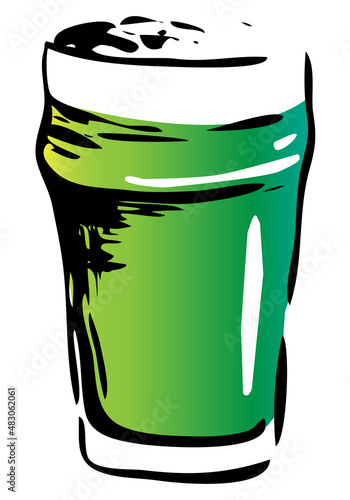 Saint Patrick Day special Irish Nonic pint green beer glass. Hand drawn ink style graphics illustration. Craft draft beer event festival poster, banner ir stickers, pub bar restaurant menu.
