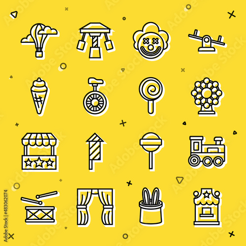 Set line Ticket box office, Toy train, Ferris wheel, Clown head, Unicycle or one bicycle, Ice cream waffle cone, Hot air balloon and Lollipop icon. Vector