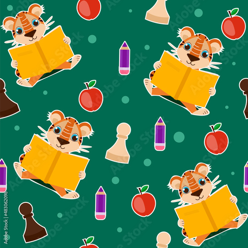 Seamless pattern in the school theme: with a cute tiger reading a book, an apple, a pencil and chess pawns. Vector graphic.	