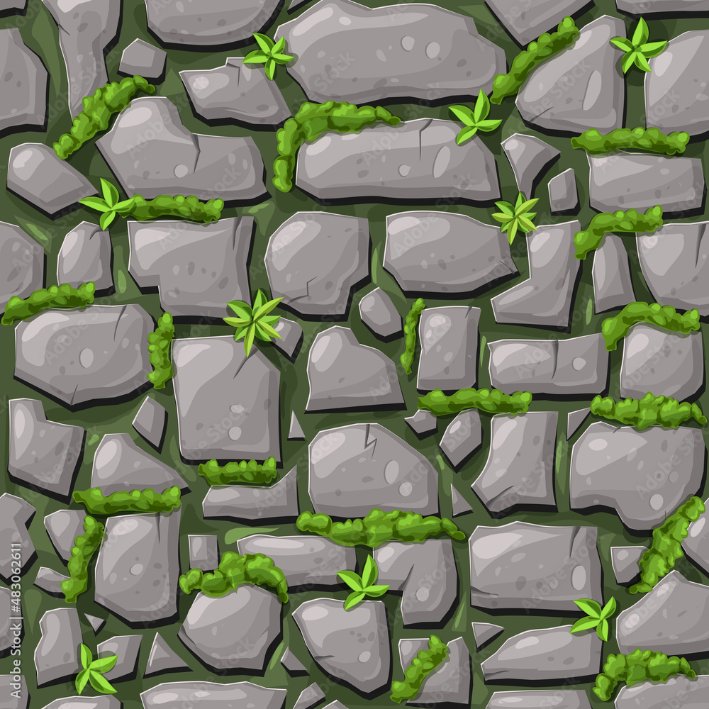 gray stones covered with moss seamless pattern. endless background of brick  wall, rocks or cobblestones with grass. mossy masonry wall or floor in  cave, dungeon. cartoon illustration for game design Stock Vector |