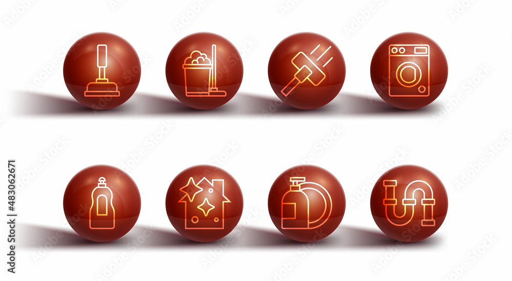 Set line Rubber plunger, Dishwashing liquid bottle, Washer, Home cleaning service, Mop and bucket, Industry metallic pipe and Vacuum cleaner icon. Vector Set line Rubber plunger, Dishwashing liquid bottle, Washer, Home cleaning service, Mop and bucket, Industry metallic pipe and Vacuum cleaner icon. Vector