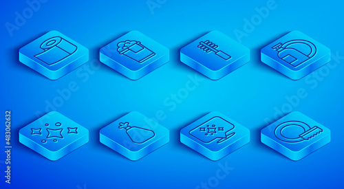 Set line Toilet paper roll, Bucket with foam, brush, Garbage bag, Home cleaning service, Dishwashing liquid bottle, and Washing dishes icon. Vector