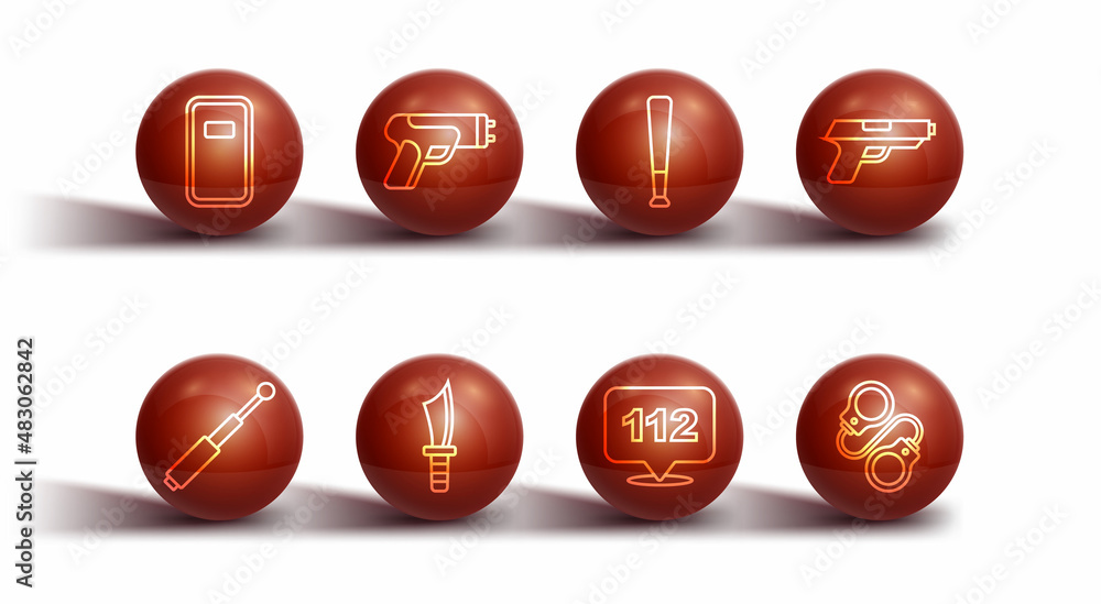 Set line Police assault shield, Telescopic baton, Pistol or gun, Telephone call 112, Military knife, electric shocker, Handcuffs and Baseball icon. Vector Set line Police assault shield, Telescopic baton, Pistol or gun, Telephone call 112, Military knife, electric shocker, Handcuffs and Baseball icon. Vector