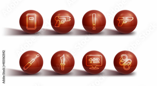Set line Police assault shield, Telescopic baton, Pistol or gun, Telephone call 112, Military knife, electric shocker, Handcuffs and Baseball icon. Vector