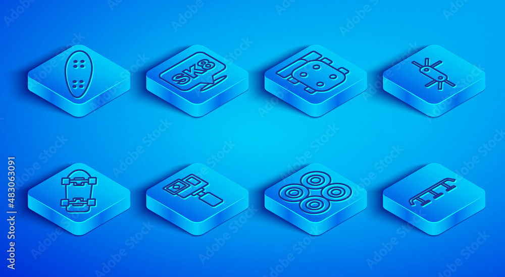 Set line Longboard or skateboard, Skateboard, Knee pads, Action camera, wheel, Tool allen keys, and stairs with rail icon. Vector Set line Longboard or skateboard, Skateboard, Knee pads, Action camera, wheel, Tool allen keys, and stairs with rail icon. Vector