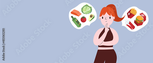 illustration vector of woman is thinking about food choices healthy and unhealthy meal