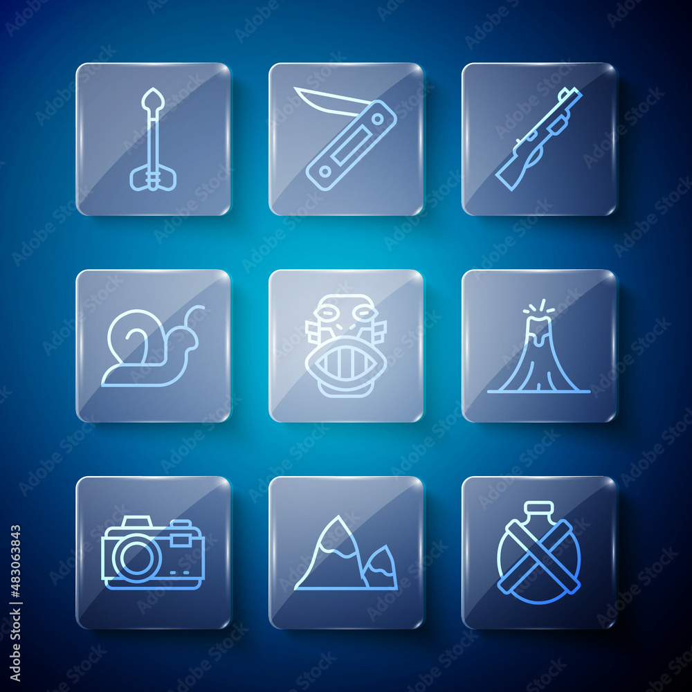 Set line Photo camera, Mountains, Canteen water bottle, Hunting gun, Mexican mayan or aztec mask, Snail, Arrow and Volcano eruption icon. Vector Set line Photo camera, Mountains, Canteen water bottle, Hunting gun, Mexican mayan or aztec mask, Snail, Arrow and Volcano eruption icon. Vector