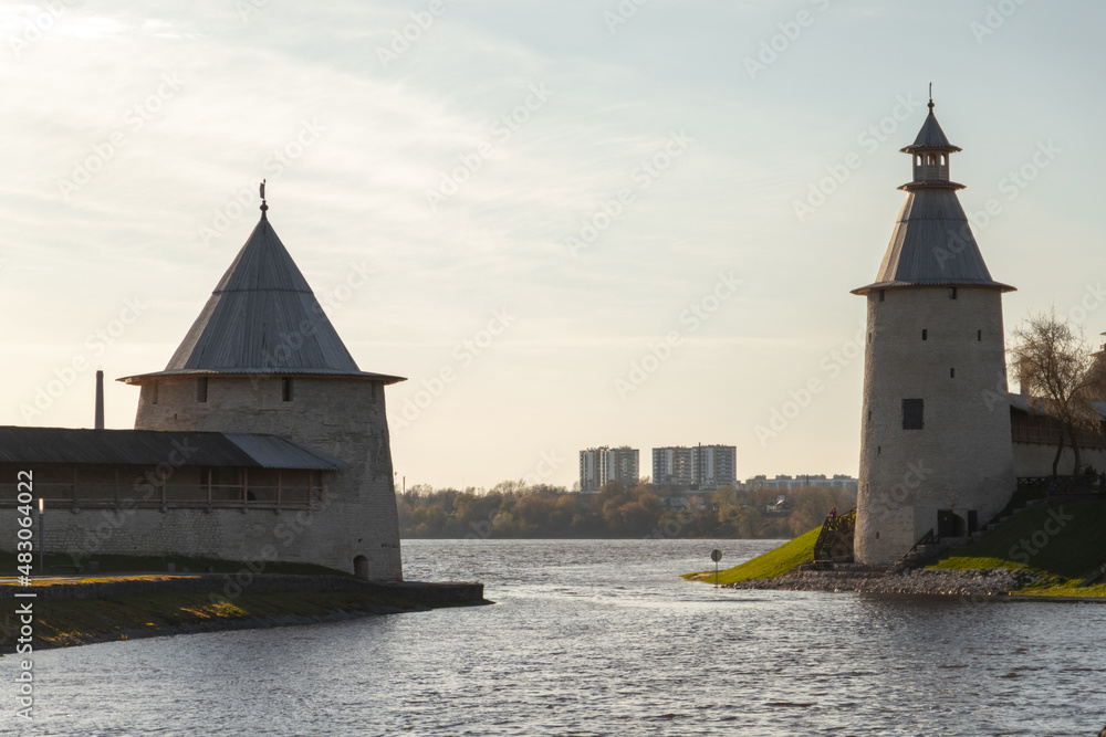 Stone towers at the river coast, Kremlin of Pskov