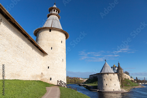 Stone towers and walls of the Kremlin of Pskov