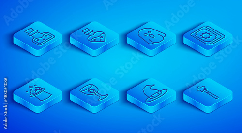 Set line Bottle with potion, Ghost, Medieval goblet, Witch hat, Tarot cards, Magic and wand icon. Vector