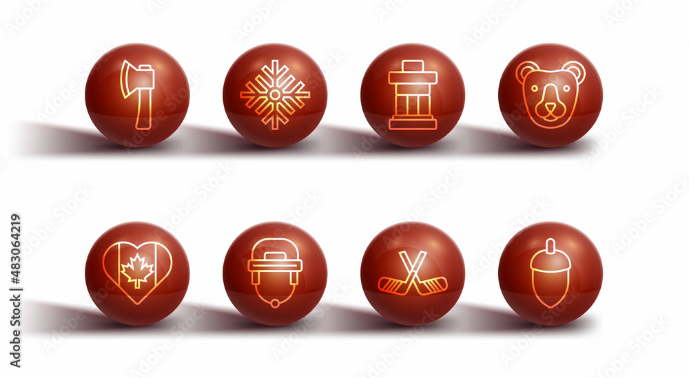 Set line Wooden axe, Heart shaped Canada flag, Bear head, Ice hockey sticks, Hockey helmet, Snowflake, Acorn and Inukshuk icon. Vector Set line Wooden axe, Heart shaped Canada flag, Bear head, Ice hockey sticks, Hockey helmet, Snowflake, Acorn and Inukshuk icon. Vector