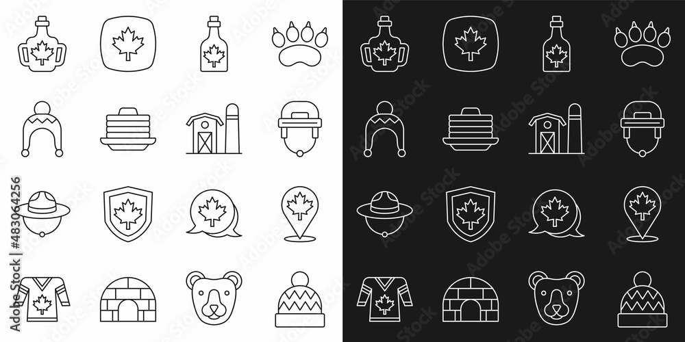 Set line Beanie hat, Canadian maple leaf, Hockey helmet, Bottle of syrup, Stack pancakes, Winter, and Farm house icon. Vector