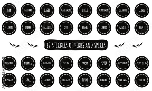 Set of herbs and spices stickers. Labels for packaging, food containers, SPA, cosmetics, healthcare, etc.
