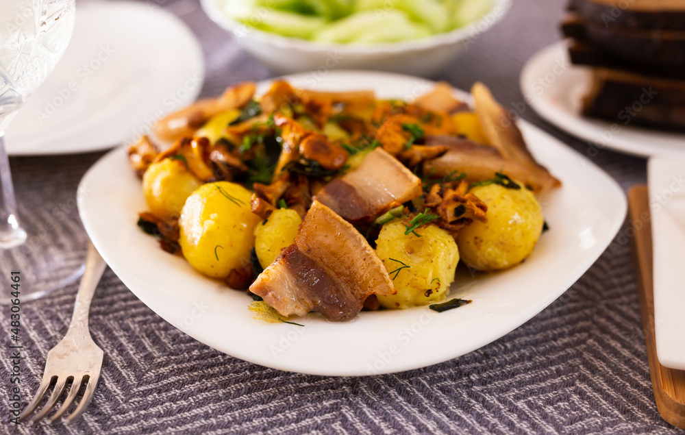 traditional rustic dish. fried potatoes with chanterelle mushrooms and pork brisket with herbs traditional rustic dish. fried potatoes with chanterelle mushrooms and pork brisket with herbs
