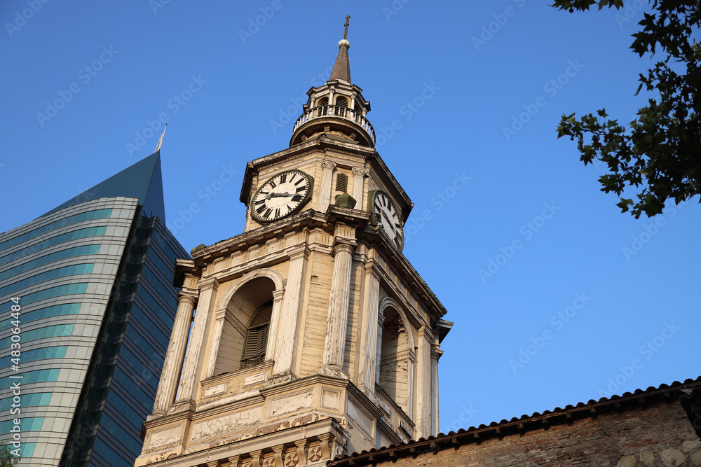 The bell tower of the IGLESIA Y CONVENTO SAN FRANCISCO in Santiago, Chile