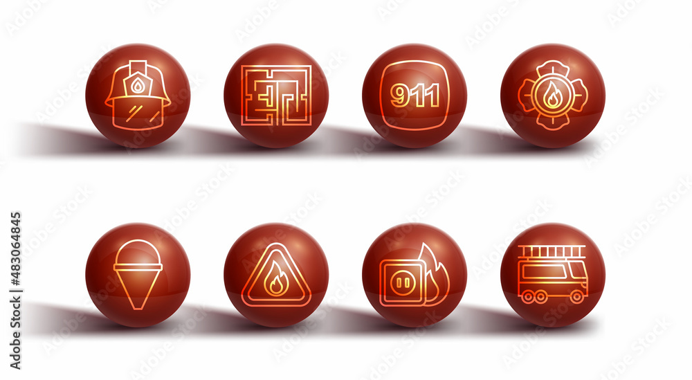 Set line Firefighter helmet, cone bucket, Electric wiring of socket in fire, flame triangle, Evacuation plan, truck and Emergency call 911 icon. Vector Set line Firefighter helmet, cone bucket, Electric wiring of socket in fire, flame triangle, Evacuation plan, truck and Emergency call 911 icon. Vector
