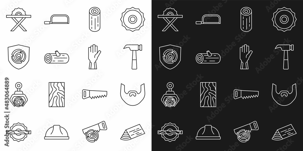 Set line Wooden beam, Mustache and beard, Hammer, logs, Electric circular saw and Protective gloves icon. Vector