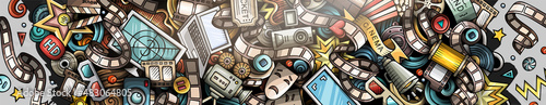 Cinema hand drawn doodle banner. Cartoon detailed flyer.