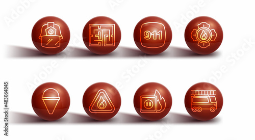 Set line Firefighter helmet, cone bucket, Electric wiring of socket in fire, flame triangle, Evacuation plan, truck and Emergency call 911 icon. Vector