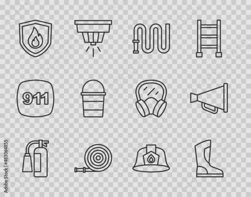 Set line Fire extinguisher, boots, hose reel, protection shield, bucket, Firefighter helmet and Megaphone icon. Vector