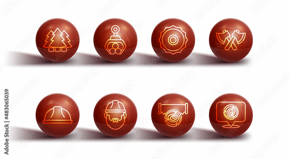 Set line Christmas tree, Worker safety helmet, Wooden axe, Two-handed saw and log, Lumberjack, Grapple crane grabbed, logs and Circular blade icon. Vector Set line Christmas tree, Worker safety helmet, Wooden axe, Two-handed saw and log, Lumberjack, Grapple crane grabbed, logs and Circular blade icon. Vector