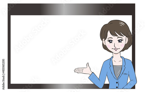 プロジェクターの前でプレゼンする女性のイラスト	