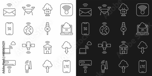 Set line LTE network, Cloud download, Network cloud connection, Smart Tv, Global technology, Mobile with 5G, Mail and e-mail and No usb cable cord icon. Vector