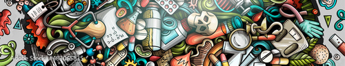 Medicine hand drawn doodle banner. Cartoon vector detailed flyer.