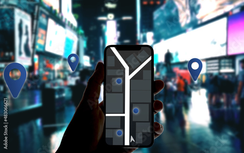 Wallpaper Mural Smartphone mit fiktiver Karten-App in einer Großstadt mit Darstellung der Point of Interests in Augmented Reality Torontodigital.ca