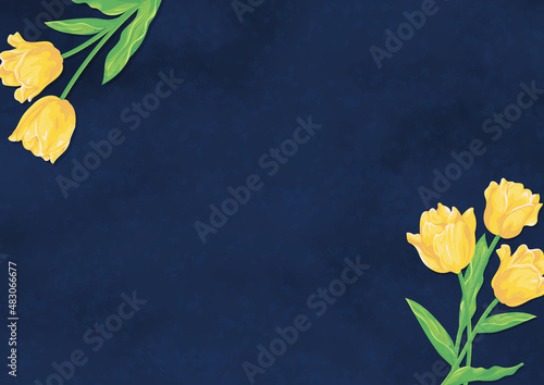 黄色いチューリップの花とネイビーの背景　ベクターイラスト素材　紙のテクスチャー