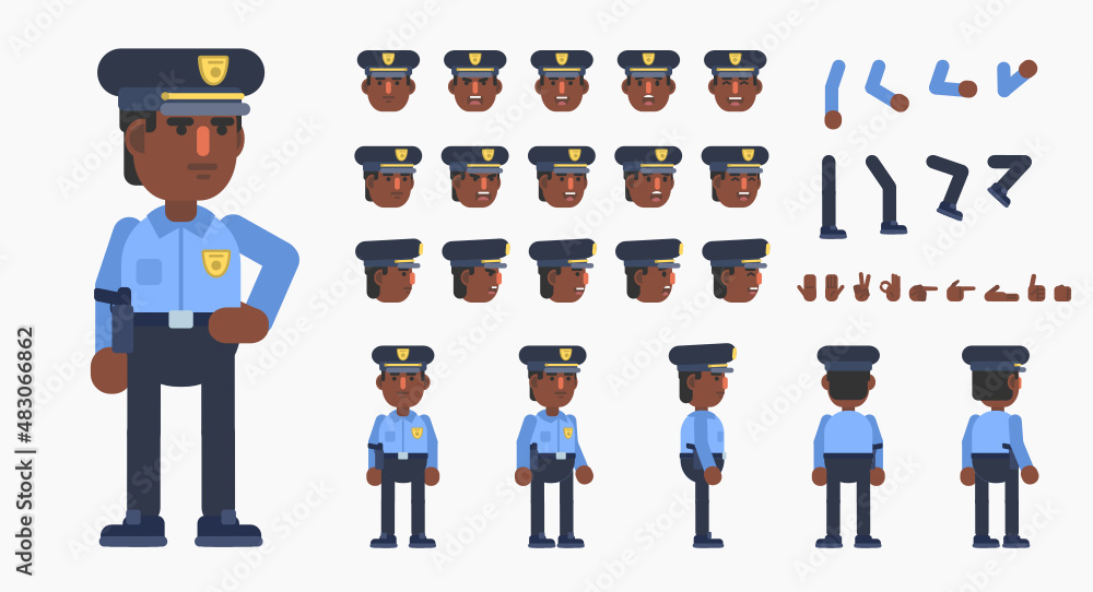 Policeman, police officer creation kit. Create your own action, pose, animation. Modern vector illustration Policeman, police officer creation kit. Create your own action, pose, animation. Modern vector illustration