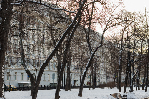 Moscow, Russia, Dec 24,2021:  Nikitsky boulevard. December. Winter landscape. Old houses photo