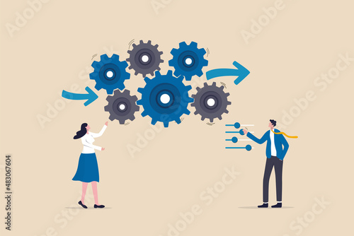 Workflow management, working process optimization for best outcome, team management or development plan and procedure concept, businessman manager optimizing cogwheels workflow system for best result. photo