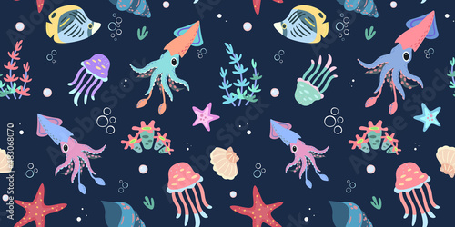 Seamless pattern with squids, 
jellyfish, shells, corals and fishes. Oceanic underwater background. 