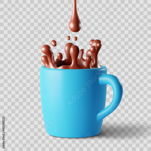 Ceramic cup with a splash of chocolate or coffee. Realistic vector illustration isolated on transparent background