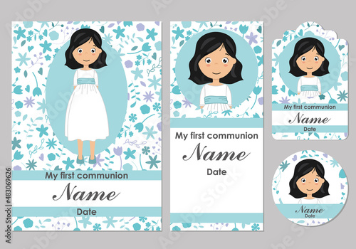First communion card, bookmark, label and sticker set for girl 