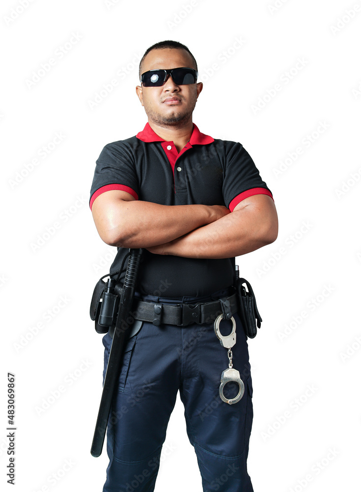 Security guards wearing black glasses.stand with arms crossed with rubber batons and handcuffs on tactical belts. on a isolated white background Eliminate the concept of security Security guards wearing black glasses.stand with arms crossed with rubber batons and handcuffs on tactical belts. on a isolated white background Eliminate the concept of security