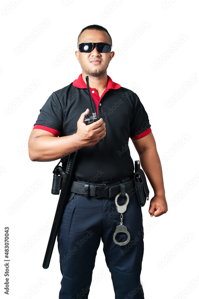 Security guards wear dark glasses. stand holding a radio There are rubber batons and handcuffs on the tactical belt. on isolated white background cut out security concept