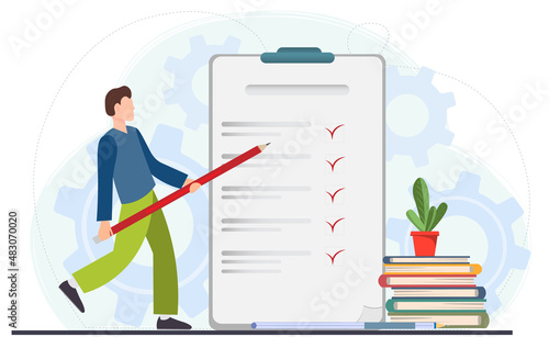Young happy man holding pencil and examining check list or document, business analysis, audit, research concept, flat vector illustratiion