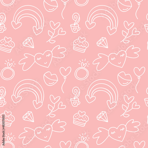 Vector seamless pattern with rainbow heart, cupcake. Creative baby kids hand drawn texture valentine love for fabric, wrapping, textile, wallpaper, apparel illustration