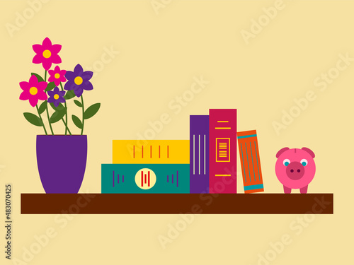 Wooden bookshelf with books, flowers and piggy bank in flat style © Anna Suskaya