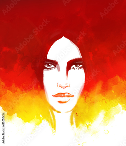 Woman face. Watercolor fashion illustration