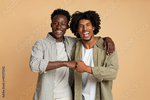 Portrait Of Two Cheerful Black Guys Embracing And Making Fist Bump Gesture photo