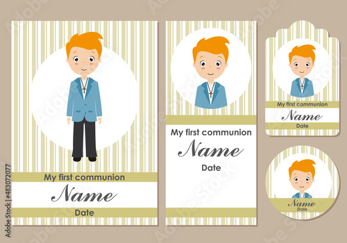 Set my first communion boy. Card, bookmark, label and sticker.